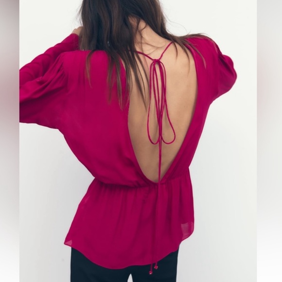 Zara NWT long sleeves shoulder padded open back peplum blouse - Picture 4 of 12